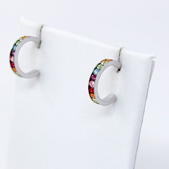 Vintage ATI Taiwan Sterling Silver 925 Rainbow CZ Hoop Earrings - Picture 4 of 8